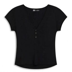 Rue21 Black Buttoned V-Neck Tee